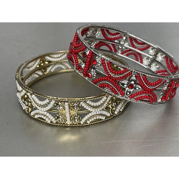 Asian Bollywood Crystal Bridal Jewelery Wedding Metal Bangle Bracelet Set Of 2 - Picture 1 of 4